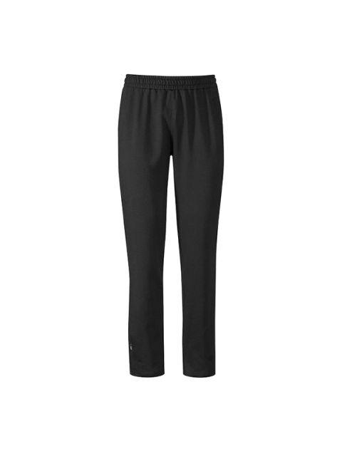 Pantaloni neri a gamba dritta con elastico in vita, su sfondo bianco.