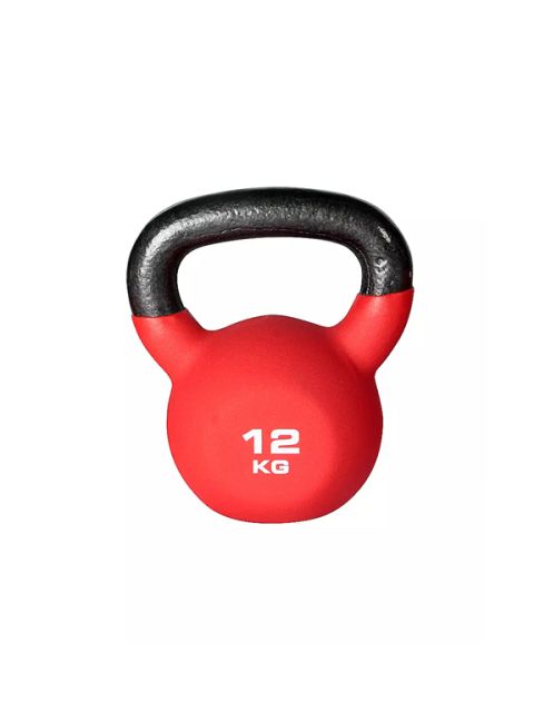 Kettlebell rossa da 12 kg con manico nero su sfondo bianco.