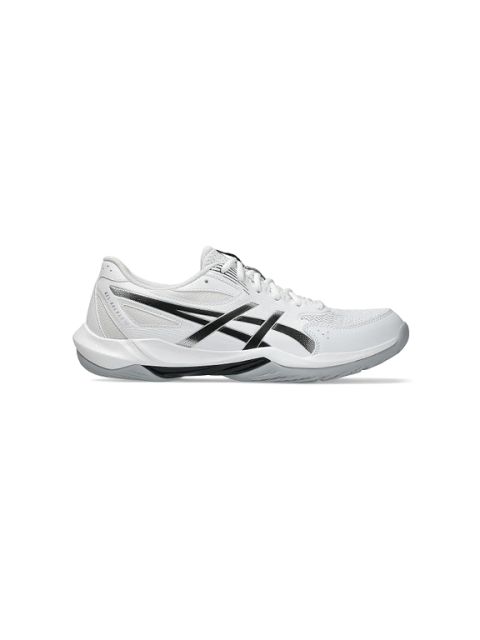 Scarpa sportiva bianca con dettagli e logo neri, tomaia in mesh e suola in gomma, raffigurata su uno sfondo bianco monocolore, vista laterale.