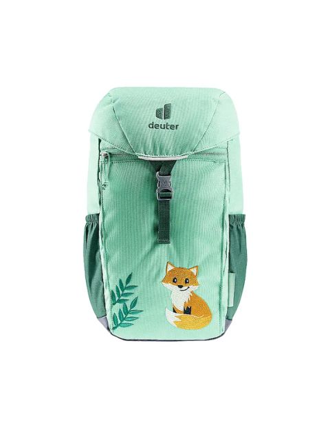 Zaino Deuter verde chiaro con fibbia frontale, tasche laterali e un simpatico motivo di volpe e foglie sul davanti.
