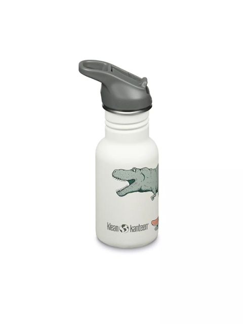Borraccia bianca Klean Kanteen con un tappo grigio e un'illustrazione di un dinosauro verde sul lato, raffigurata su uno sfondo bianco.