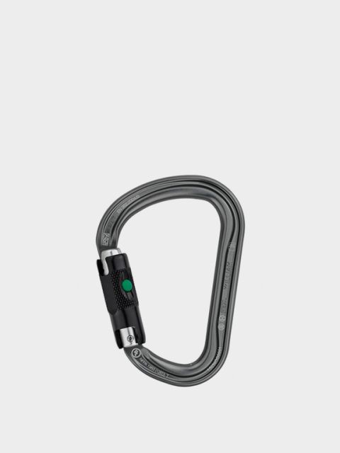 Su un semplice sfondo bianco è raffigurato un moschettone grigio-nero con meccanismo di chiusura. Sopra il moschettone si legge la scritta "EXPRESSEN & KARABINER" in grassetto bianco.