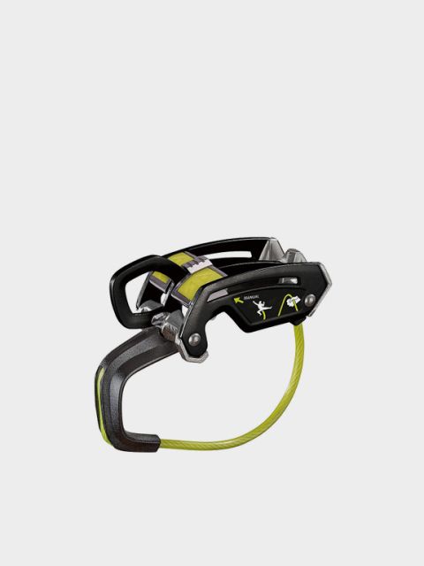 Immagine di un dispositivo di sicurezza su sfondo grigio con il testo "DISPOSITIVI DI SICUREZZA" sopra. Il dispositivo è nero con accenti gialli e un cavo verde. I diagrammi mostrano il suo utilizzo.