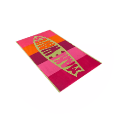 Un tappeto a scacchi rosa e arancione con la scritta "MAKE WAVES" in grassetto al centro.