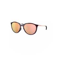 Occhiali da sole con montatura nera e lenti rotonde riflettenti oro rosa su sfondo bianco.