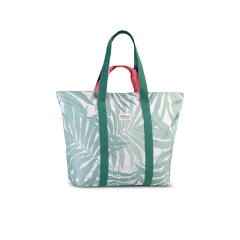 Una grande borsa tote con motivi di foglie verdi, manici verde scuro e maniglie rosa a contrasto su sfondo bianco circolare.