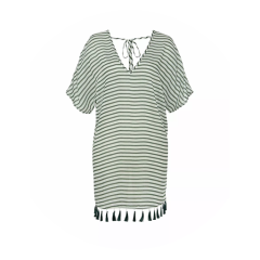 Abito a righe bianche e nere a maniche corte con scollo a V, laccetto da annodare al colletto e frange con nappe sull'orlo.