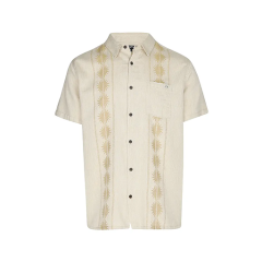 Camicia beige a maniche corte con abbottonatura e sottili motivi verticali a raggiera su entrambi i lati dei bottoni.