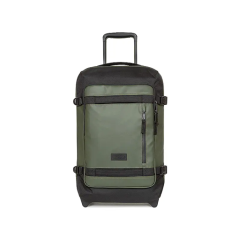 Valigia a rotelle verde oliva e nera con una tasca frontale con cerniera e un manico telescopico, in piedi su uno sfondo bianco.