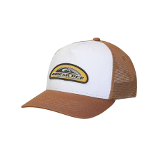 Cappello da camionista marrone e bianco con retro in rete e patch con logo Quiksilver sul davanti su sfondo bianco tinta unita.