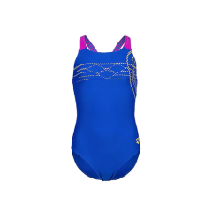 Costume da bagno intero blu con spalline rosa e motivi a linee gialle sul petto e sul lato, raffigurato su uno sfondo circolare bianco.