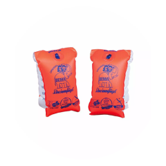 Un paio di braccioli gonfiabili arancioni e bianchi con testo blu e illustrazioni su sfondo bianco.