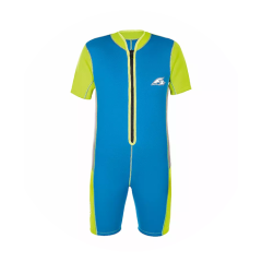 Muta in neoprene a maniche corte e gamba corta in blu con lati e maniche verde neon, cerniera frontale e un piccolo logo sul petto.