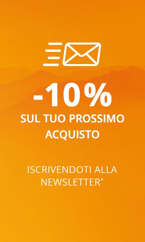 Sfondo arancione con l'icona di una busta bianca, "-10% sul tuo prossimo acquisto" e "Iscrivendoti alla newsletter*" in lingua italiana.