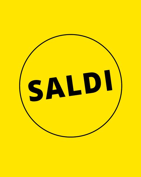 Sfondo giallo con un sottile cerchio nero e la parola "SALDI" all'interno in grassetto nero, che indica una vendita o uno sconto.