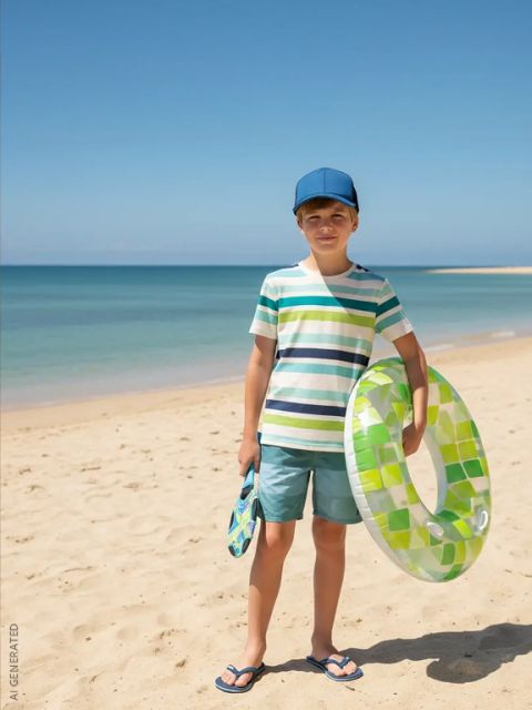 Un ragazzo con una camicia a righe, un berretto blu e infradito è in piedi sulla spiaggia sabbiosa e tiene in mano un anello gonfiabile verde e delle pinne. Mare calmo sullo sfondo.