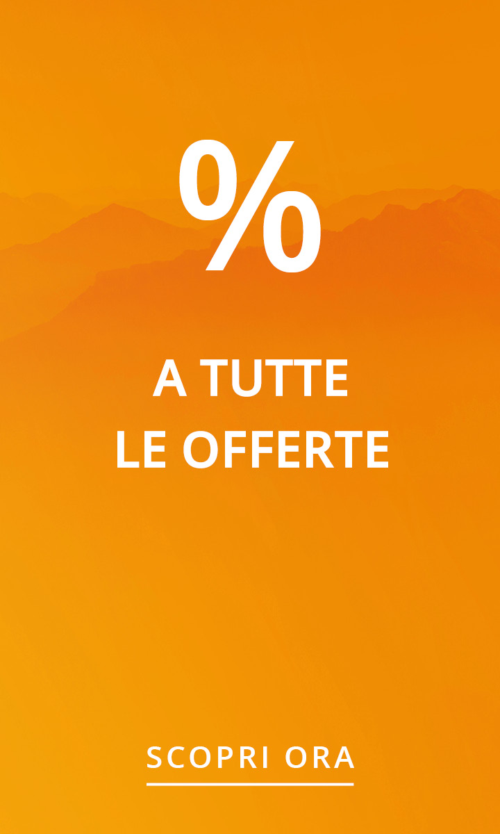Segno di percentuale bianco e testo italiano "A tutte le offerte. Scopri ora" su uno sfondo arancione sfumato.