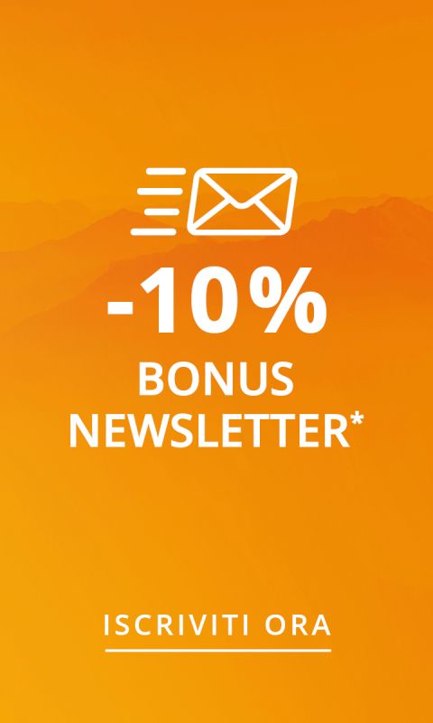 Sfondo arancione con l'icona di una busta bianca, "-10% sul tuo prossimo acquisto" e "Iscrivendoti alla newsletter*" in lingua italiana.
