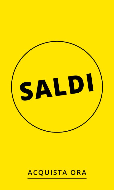 Sfondo giallo con un contorno ovale nero e la parola "SALDI" in grassetto nero al centro dell'ovale.