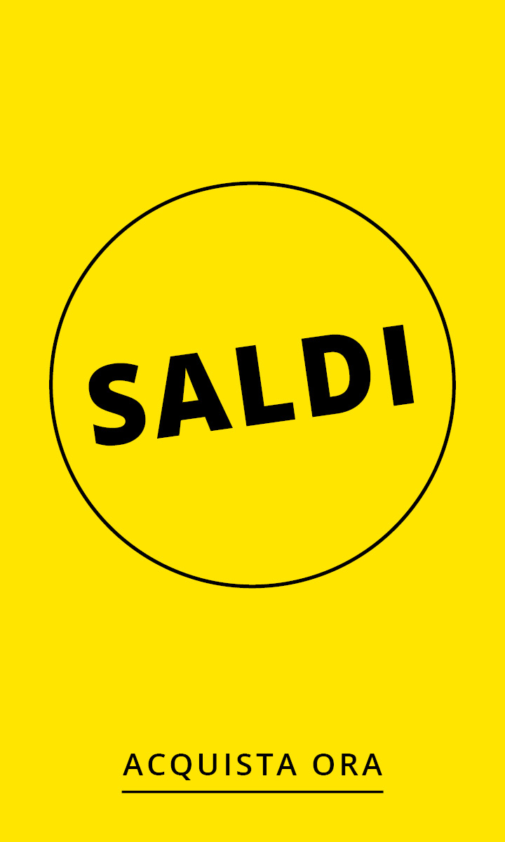 Sfondo giallo con un contorno ovale nero e la parola "SALDI" in grassetto nero al centro dell'ovale.