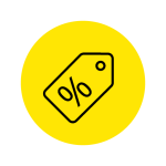 Schwarzes Prozent-Symbol auf einem Preisschild-Symbol innerhalb eines gelben Kreises, das einen Rabatt oder Verkauf darstellt.