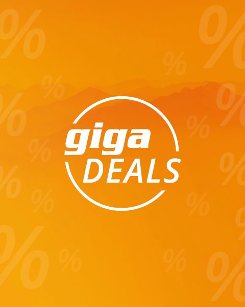 Sfondo arancione con deboli segni di percentuale. Il cerchio bianco al centro contiene il testo in grassetto "giga DEALS".
