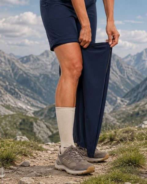 Persona all'aperto su un sentiero di montagna roccioso, che trasforma la parte inferiore dei suoi pantaloni blu navy con una cerniera in pantaloncini, rivelando calzini beige e scarpe da trekking.