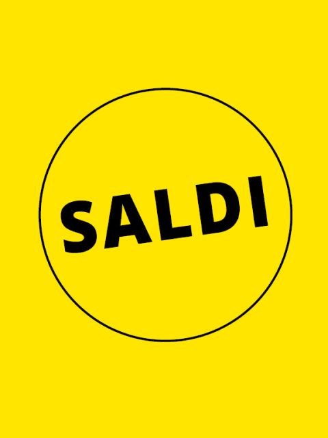 Testo nero in grassetto "SALDI" in un sottile cerchio nero su sfondo giallo brillante.