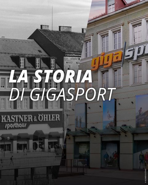 Immagine divisa: Il lato sinistro mostra un vecchio "Kastner & Öhler Sporthaus" in bianco e nero; il lato destro mostra un moderno negozio "Gigasport" a colori.