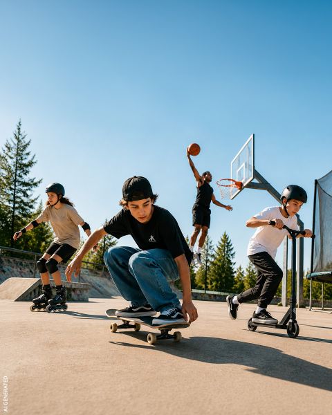 Quattro bambini in uno skatepark: uno va in skateboard, uno sui pattini in linea, uno in monopattino e uno fa una schiacciata a pallacanestro. Sullo sfondo si vedono alberi e il cielo blu.