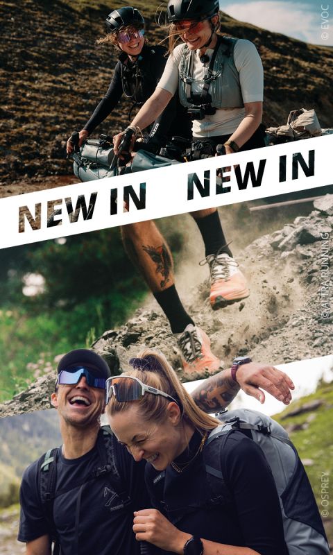 Tre immagini di ciclisti ed escursionisti che si godono attività all'aperto, con il testo „NEW IN“ nell'immagine. Sorridono e indossano abbigliamento da esterno.