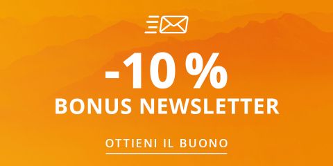 Sfondo arancione con il testo: „-10 % BONUS-NEWSLETTER. OTTIENI IL BUONO.“ Simbolo di una busta sopra il testo.