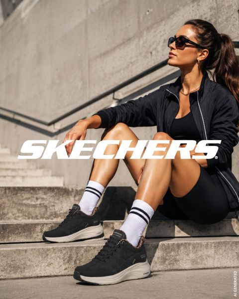 Una donna in abbigliamento sportivo e con occhiali da sole è seduta su una scalinata esterna, indossando scarpe da ginnastica Skechers nere. Il logo Skechers è visibile in tutta l'immagine.