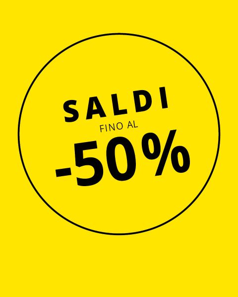 Sfondo giallo con un cerchio nero; in grassetto c'è scritto „SALDI FINO AL -50%“, il che indica una vendita con sconti fino al 50%.