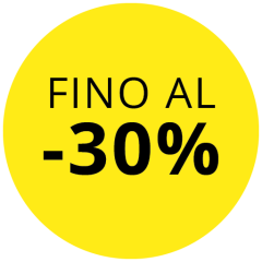 Cerchio giallo con scritta nera: „FINO AL -30 %“.