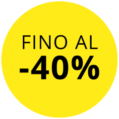 Cerchio giallo con scritta nera „FINO AL -40 %“, che indica uno sconto fino al 40 percento.