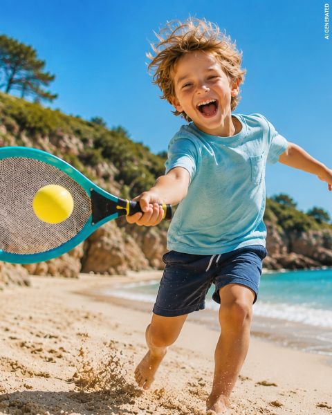 Un bambino sorridente che gioca a tennis su una spiaggia sabbiosa e, sotto un cielo azzurro brillante, colpisce una palla gialla con una racchetta; sullo sfondo si vedono alberi e acqua.