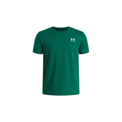 Maglietta verde a maniche corte con un logo bianco Under Armour sul petto sinistro, raffigurato su uno sfondo bianco e rotondo.