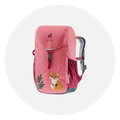 Zaino rosa con motivo a volpe e foglie, spallacci grigi e il logo Deuter sulla patta, raffigurato su uno sfondo bianco semplice.