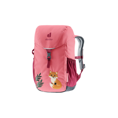 Zaino per bambini rosa con un simpatico motivo a volpe e foglie, tasche laterali e spallacci grigi regolabili, raffigurato su uno sfondo bianco e rotondo.