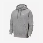Grauer Nike-Hoodie mit einer Brusttasche und einer Kapuze mit Kordelzug, verziert mit einem kleinen weißen Nike-Logo auf der linken Brustseite.