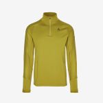 Limettengrüner Sportpullover mit langen Ärmeln, halbem Reißverschluss vorne und einem kleinen schwarzen Logo auf der linken Brust, präsentiert auf einem schlichten weißen Hintergrund.