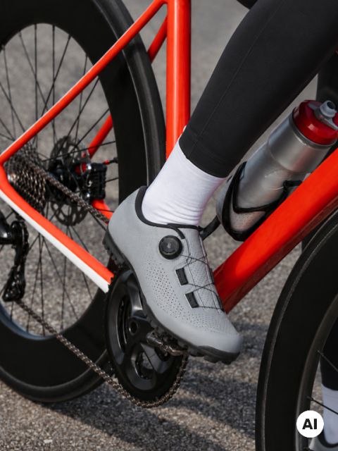 Un primo piano del piede di una persona in una scarpa da ciclismo su un pedale di bicicletta, con foglie autunnali e un paesaggio esterno sfocato sullo sfondo.