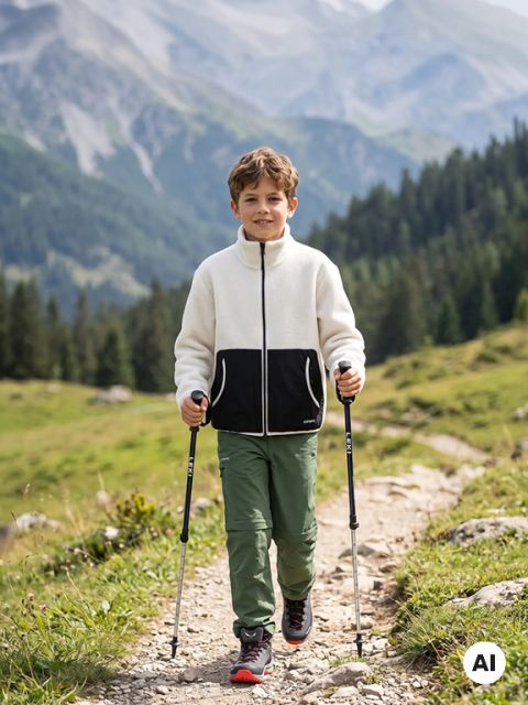 Un ragazzo sorridente cammina su un sentiero di montagna con bastoncini da trekking; indossa una giacca bianca e pantaloni verdi. Sullo sfondo si vedono boschi e montagne.
