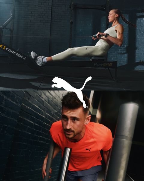 Una donna in abbigliamento sportivo solleva un bilanciere, un uomo è accovacciato con un secchio accanto a lei, un'altra persona è appesa agli anelli in una palestra. In alto c'è il testo "FOREVER. FASTER." con un logo Puma.