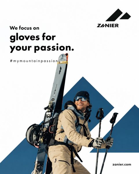 Uno sciatore con abbigliamento invernale scia sulla neve lungo un pendio montano. Il testo in grassetto recita: "Ci concentriamo sui guanti per la tua passione". Sono visibili anche il logo Zanier e il sito web. È incluso l'hashtag #mymountainpassion.