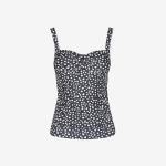 Schwarzes Tankini-Oberteil mit weißem Polka-Dot-Muster und gerafftem Herzausschnitt.