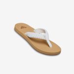 Beigefarbene Flip-Flops mit einem weißen, geflochtenen Riemen.