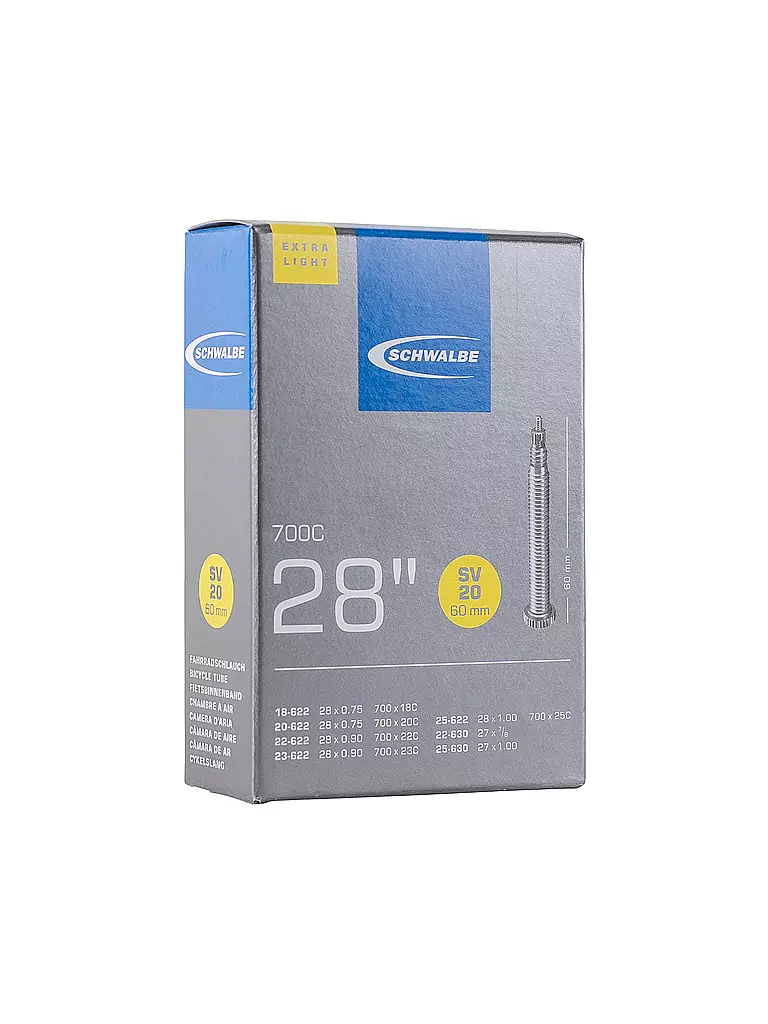 SCHWALBE | Camera d'aria per bicicletta n. 20 Extra Light SV60 (28"/700C) | Nero